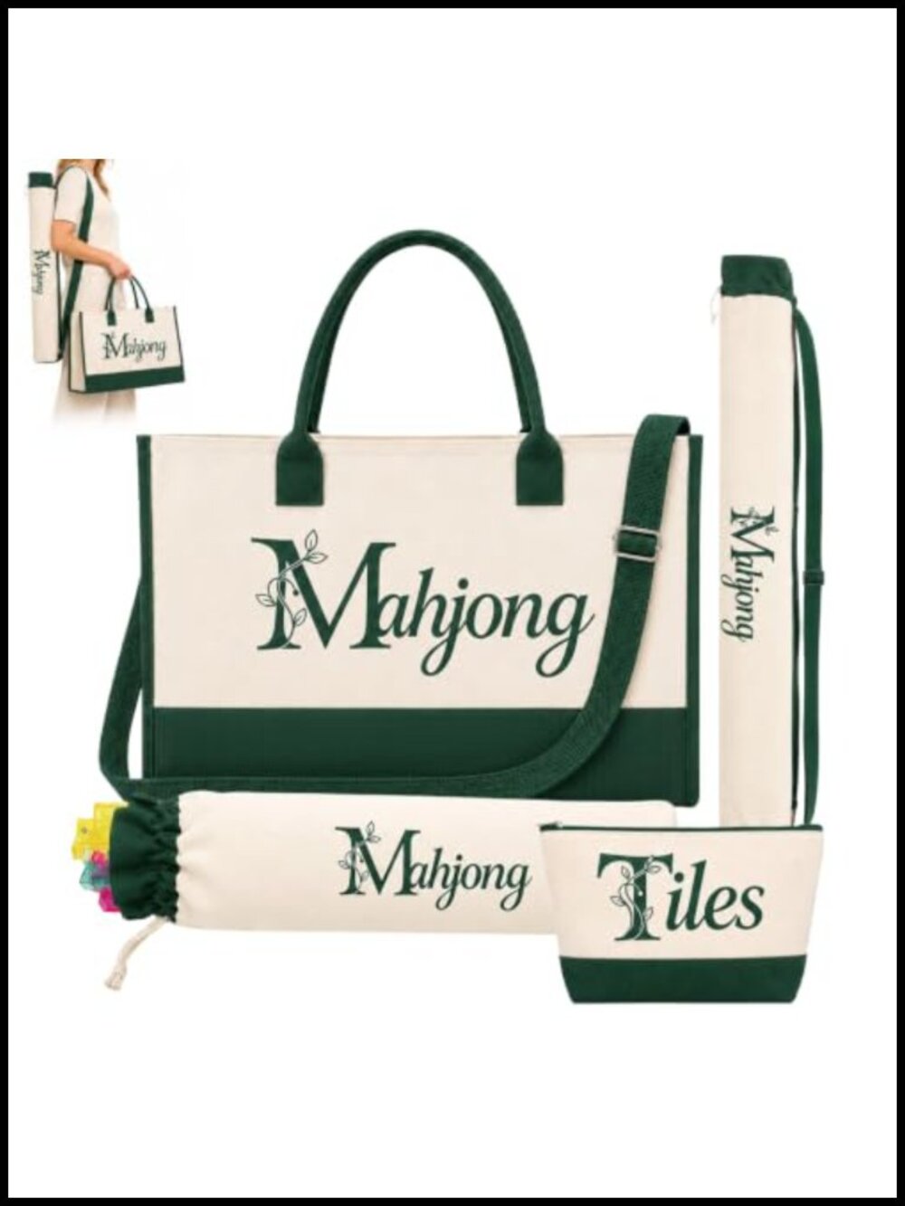Canvas Mahjong Tile Bag Set with Mat Bag - 4 Crossbody Bags for Tiles Racks